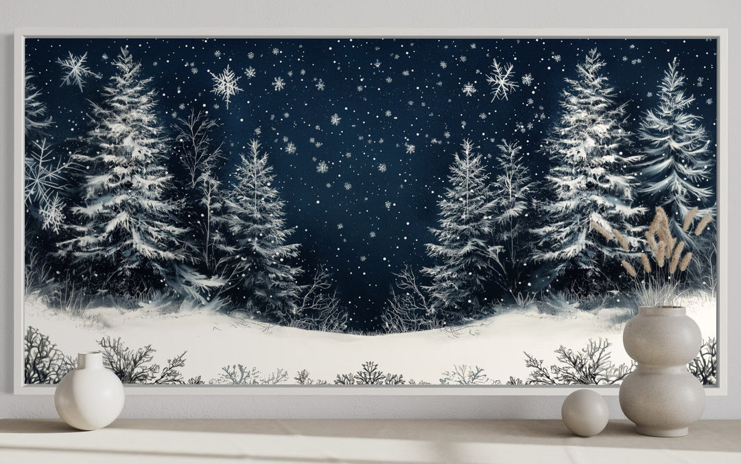 Winter Wonderland Pine Trees Forest Framed Canvas Wall Art with snow-covered trees and a night sky.
