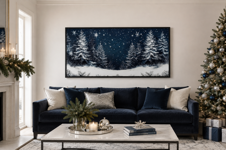 Winter Wonderland Pine Trees Forest Framed Canvas Wall Art above a navy sofa with Christmas decor.