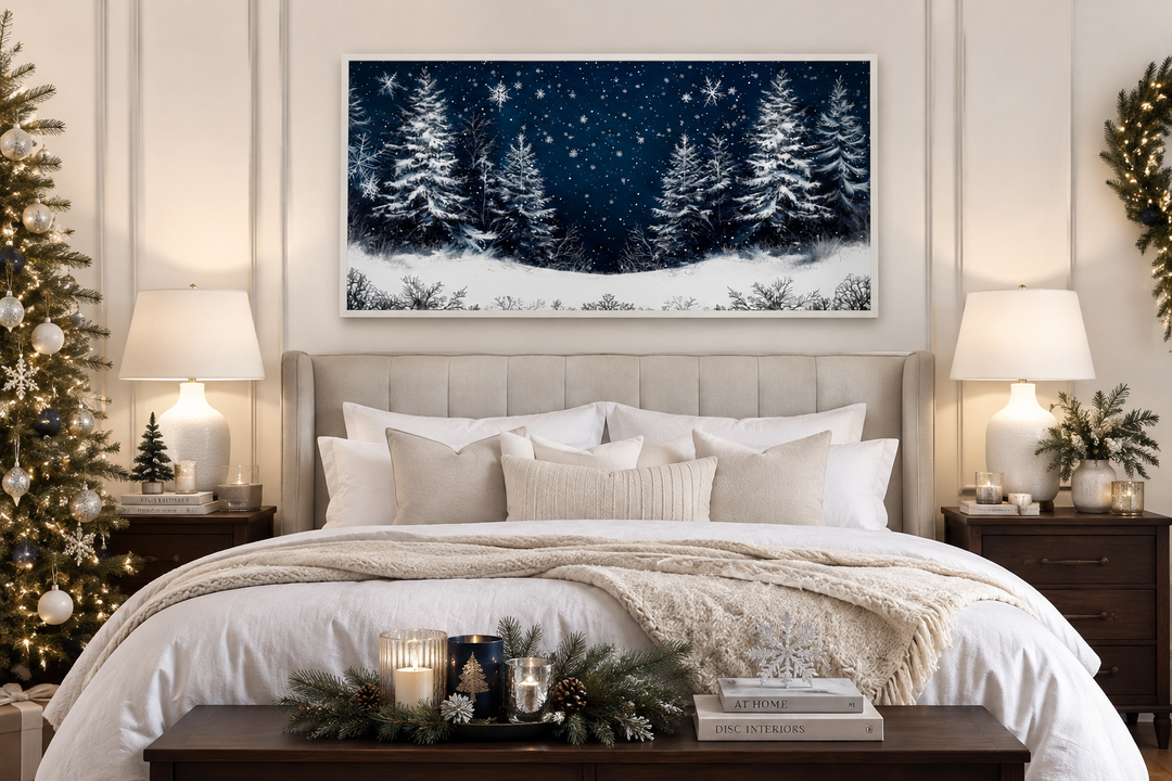 Winter Wonderland Pine Trees Forest Framed Canvas Wall Art above a bed in a cozy bedroom setting.
