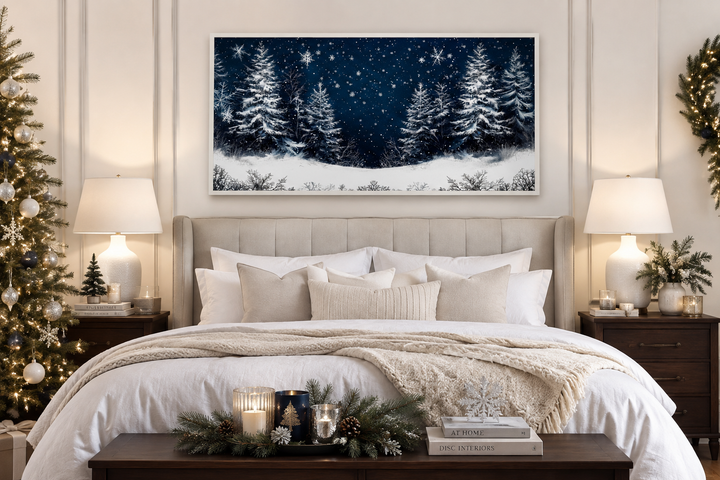 Winter Wonderland Pine Trees Forest Framed Canvas Wall Art above a bed in a cozy bedroom setting.