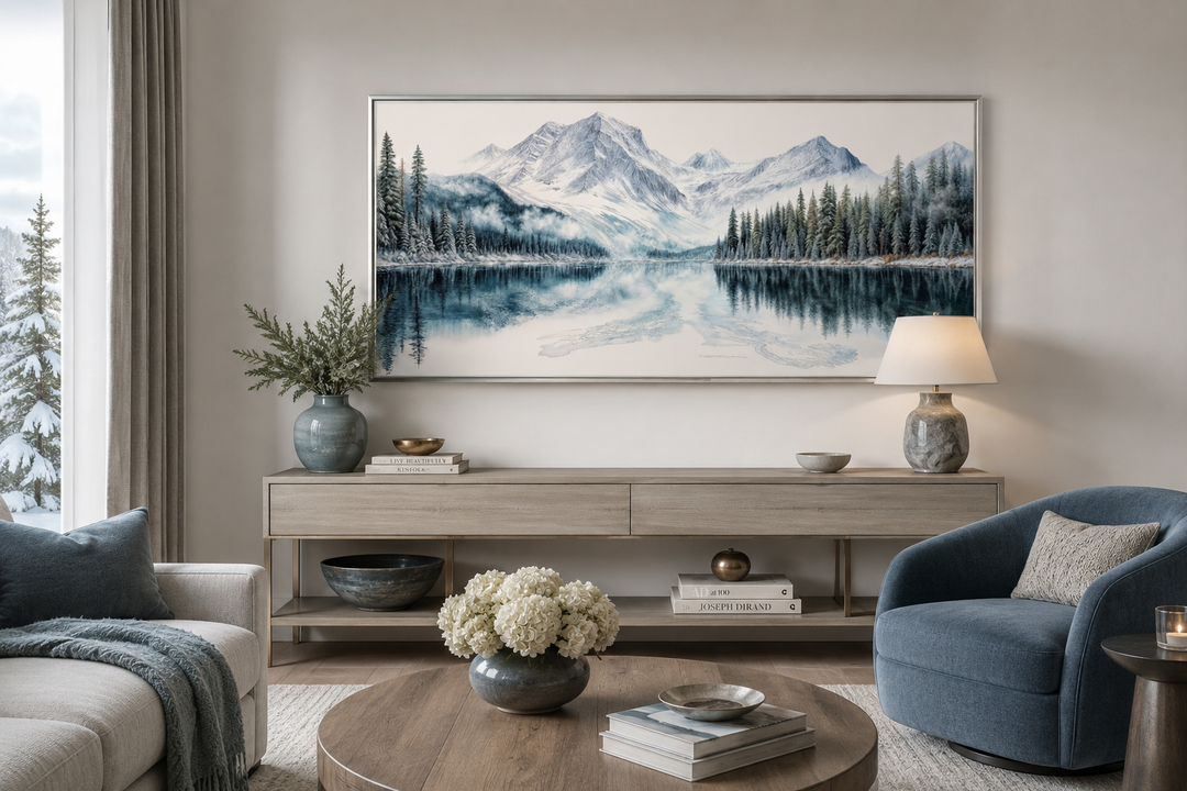 Framed horizontal canvas print of a winter mountain lake and pine forest in a modern living room.