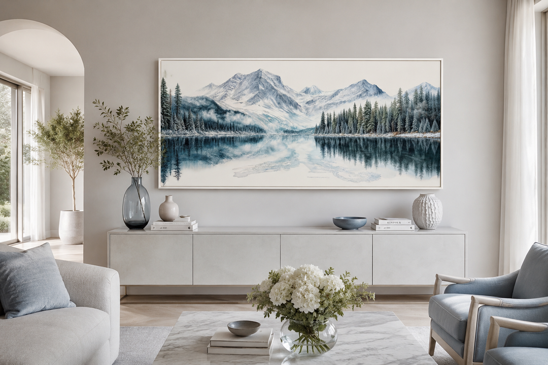 Framed horizontal canvas print of a winter mountain lake and pine forest above a white sideboard.