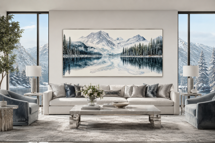 Framed horizontal canvas print of a winter mountain lake and pine forest above a white sofa.