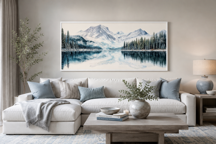 Framed winter mountain lake and pine forest landscape canvas print above a white sofa.
