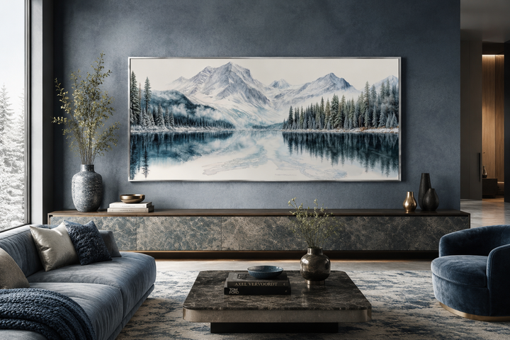 Framed winter mountain lake canvas print with pine tree forest above a modern console table.