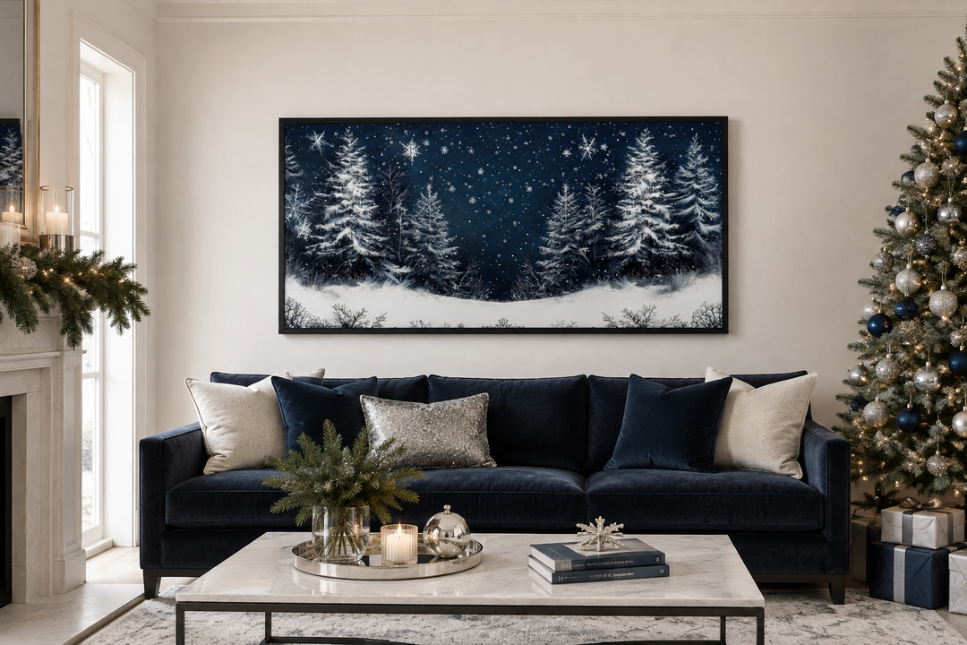 Winter Wonderland Pine Trees Forest Framed Canvas Wall Art above a navy sofa with Christmas decor.