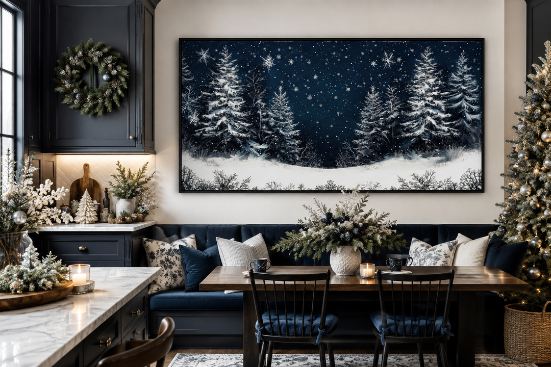 Winter Wonderland Pine Trees Forest Framed Canvas Wall Art above a dining table with Christmas decor