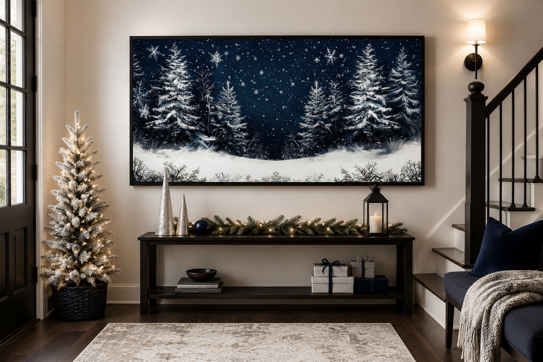 Winter wonderland pine trees forest framed canvas wall art above a decorated entryway table.
