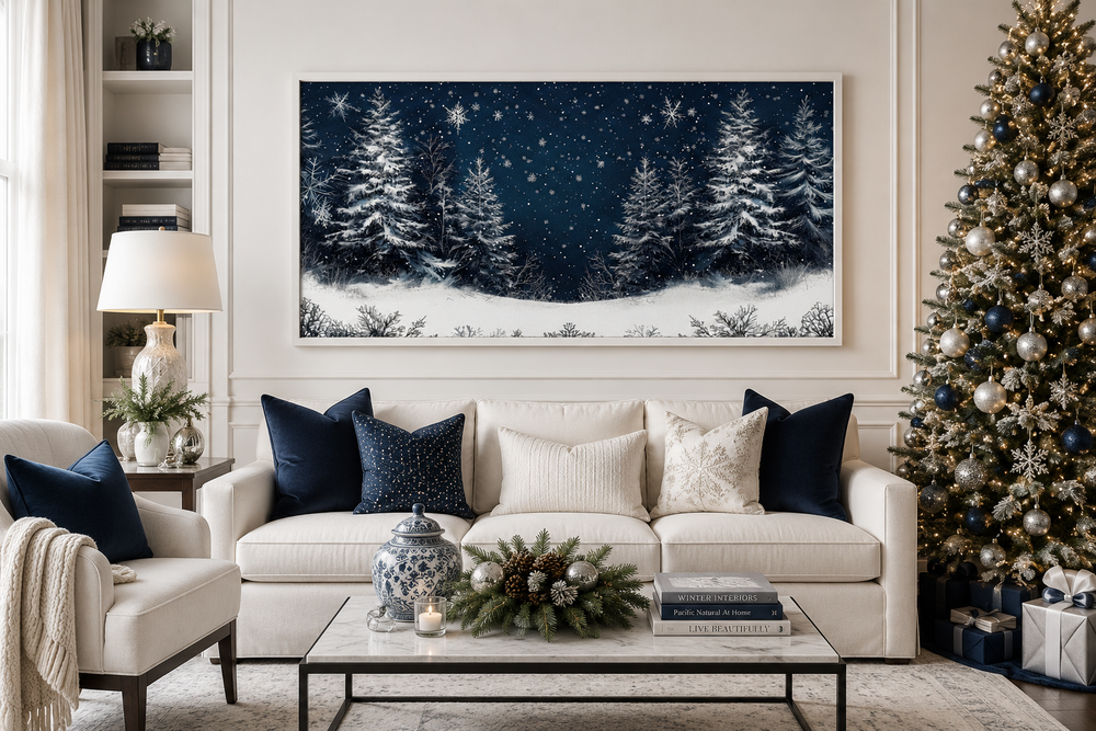 Framed canvas wall art of snow-covered pine trees against a midnight blue sky in a living room.
