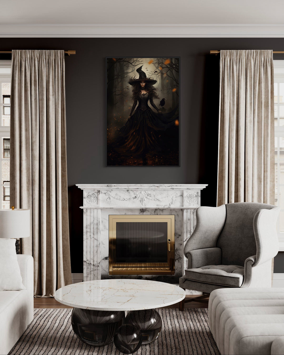 Gothic framed canvas wall art of a witch and her raven in an enchanted forest above a fireplace.