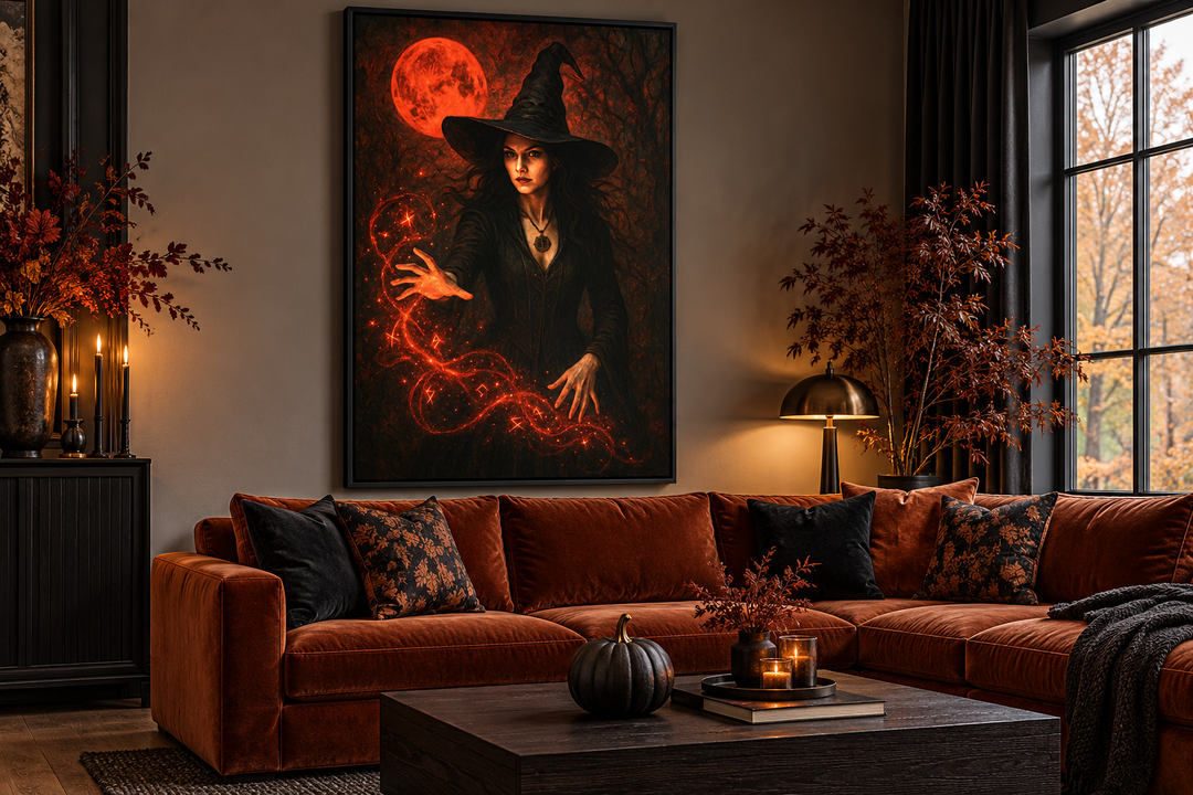 Gothic witch casting spells wall art with a red moon above a burnt orange sectional sofa.