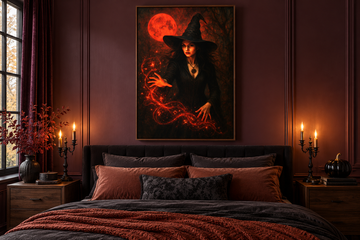 Gothic witch casting spells wall art with a red moon above a dark bed with orange pillows.