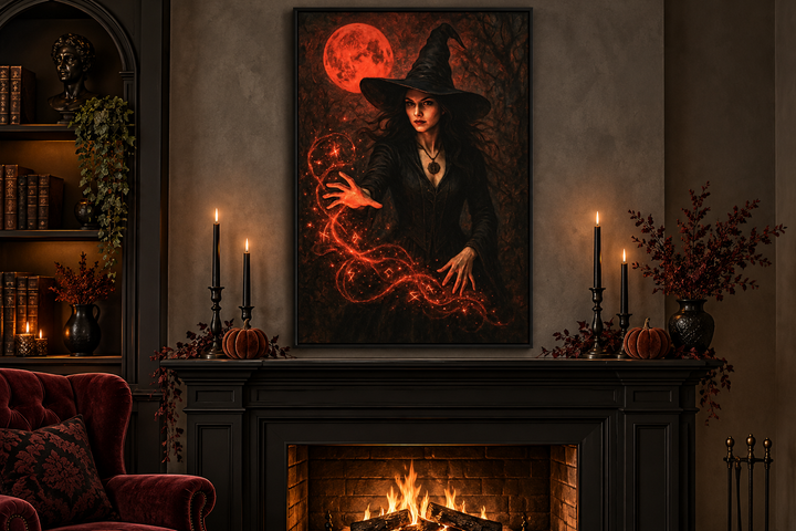 Gothic witch casting red spells under a bloody moon, framed canvas art above a black fireplace.
