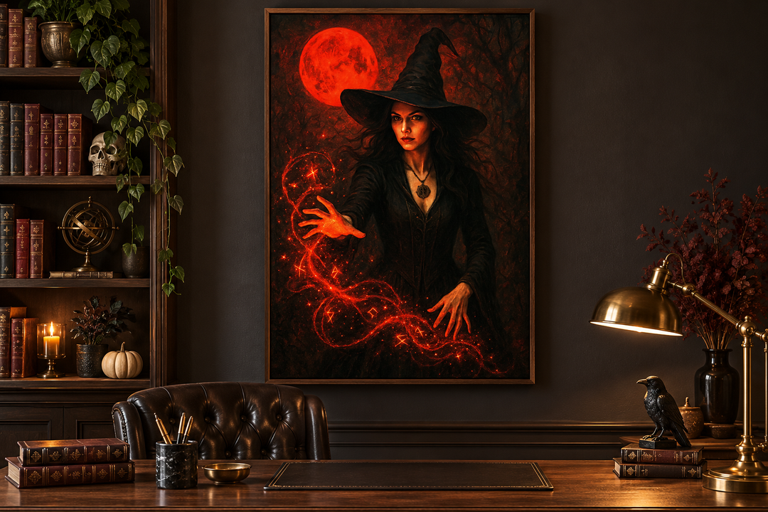 Gothic witch wall art with a red moon and glowing spells, framed in a dark, moody office setting.