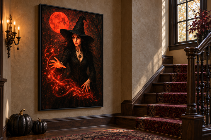 Gothic witch casting spells wall art with a red moon, framed on a wall next to a staircase.
