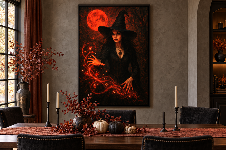Gothic witch wall art with a red moon and glowing spells, framed above a Halloween dining table.
