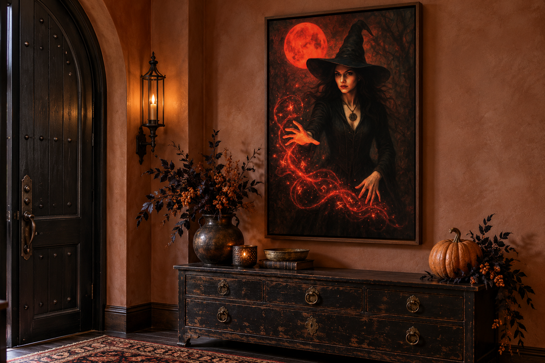 Gothic witch wall art with a red moon and glowing spells in a dark, moody entryway setting.