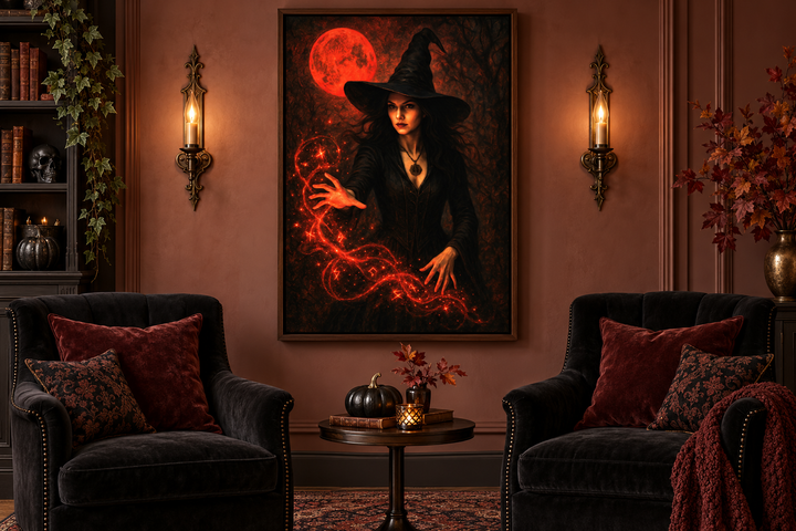 Gothic witch casting red spells under a bloody moon wall art in a dark, moody lounge setting.