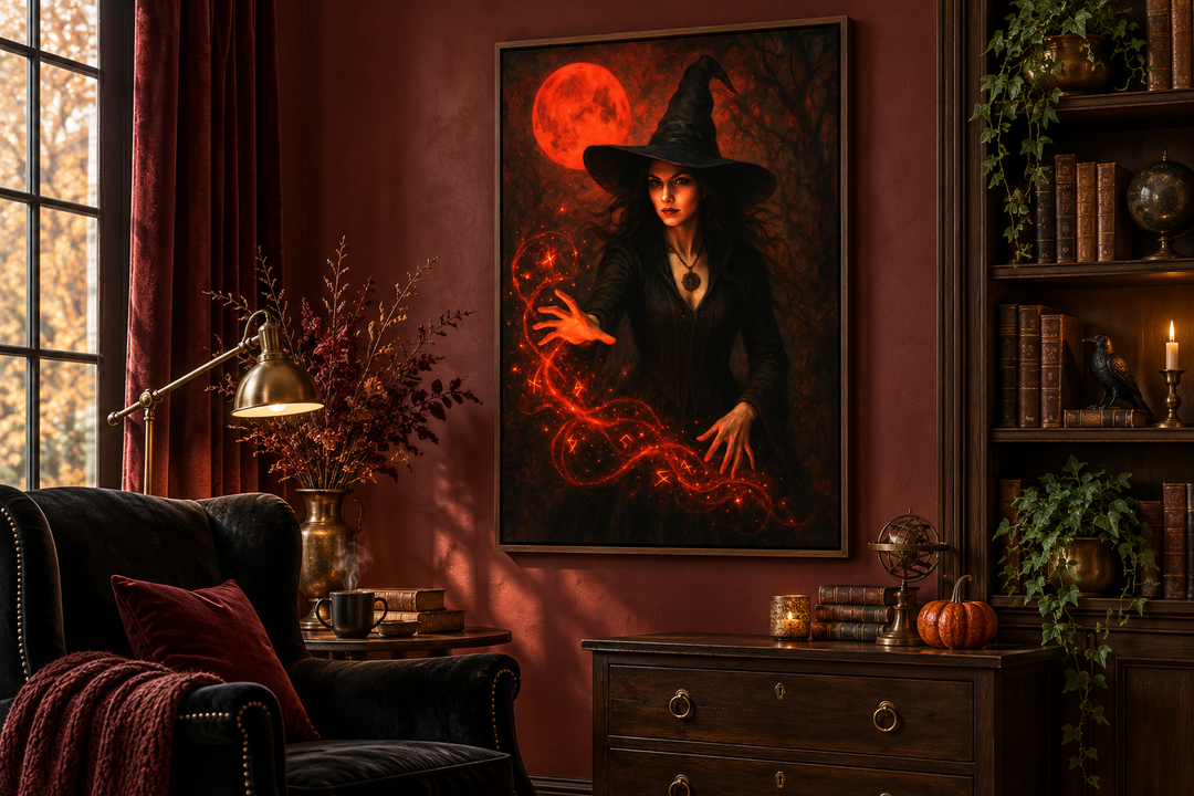 Gothic witch casting spells wall art with a red moon in a dark, moody library setting.