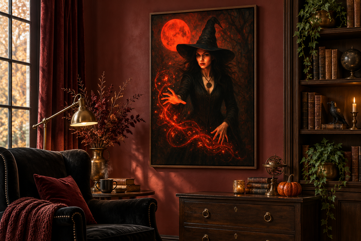 Gothic witch casting spells wall art with a red moon in a dark, moody library setting.