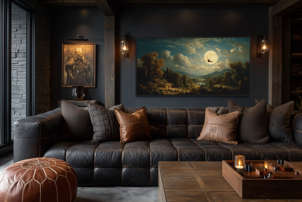 Witch Flying On Broom Halloween Wall Art – Gothic Full Moon Landscape Decor