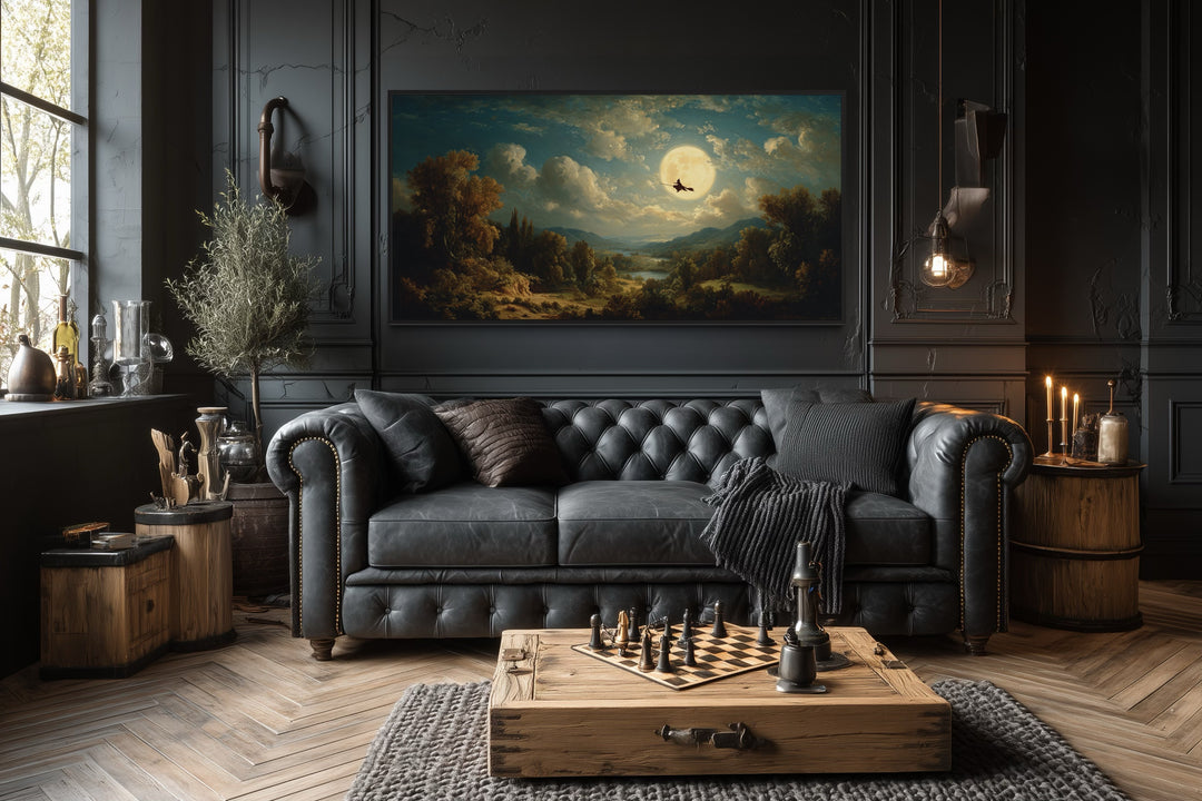 Witch Flying On Broom Halloween Wall Art – Gothic Full Moon Landscape Decor