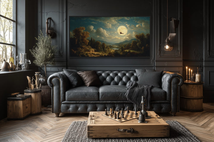 Witch Flying On Broom Halloween Wall Art – Gothic Full Moon Landscape Decor