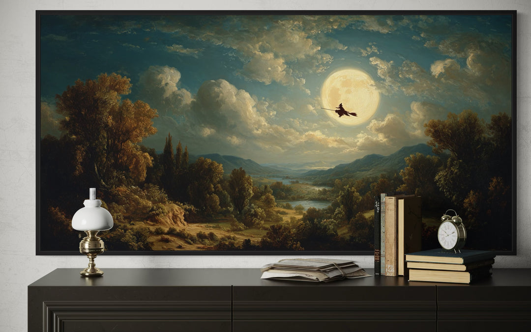 Witch Flying On Broom Halloween Wall Art – Gothic Full Moon Landscape Decor