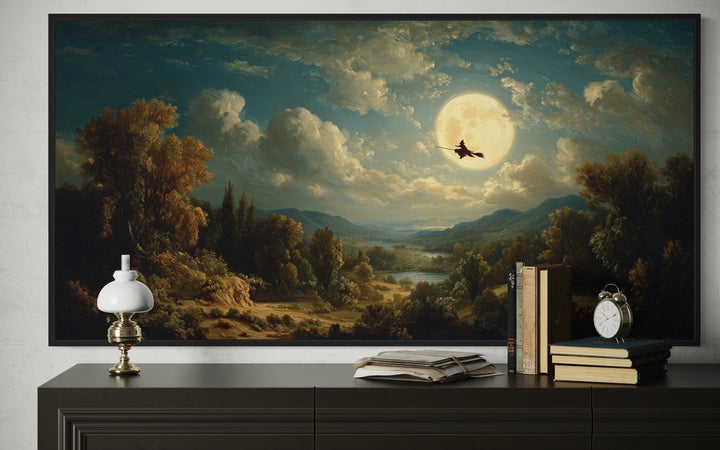 Witch Flying On Broom Halloween Wall Art – Gothic Full Moon Landscape Decor