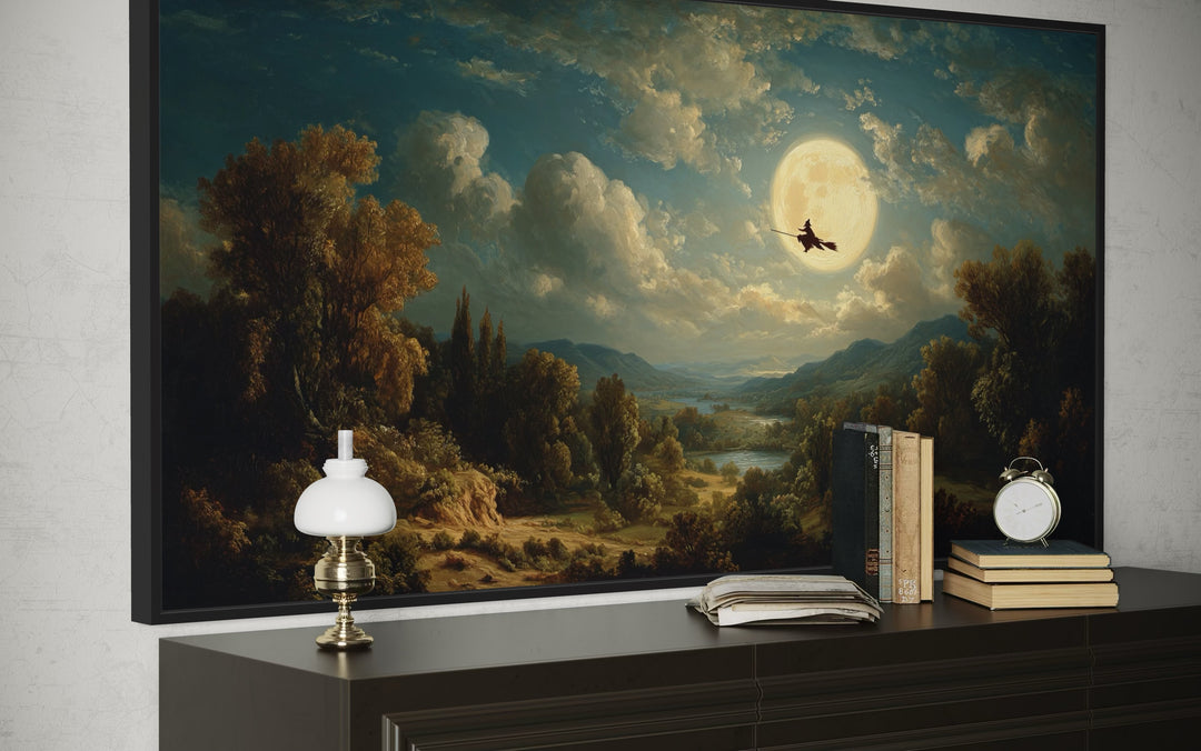 Witch Flying On Broom Halloween Wall Art – Gothic Full Moon Landscape Decor