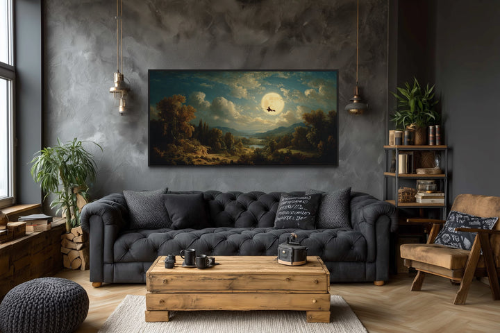 Witch Flying On Broom Halloween Wall Art – Gothic Full Moon Landscape Decor