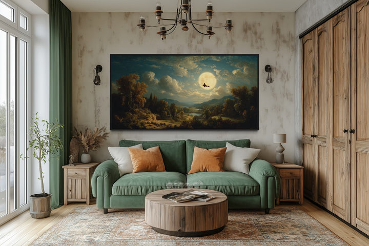 Witch Flying On Broom Halloween Wall Art – Gothic Full Moon Landscape Decor