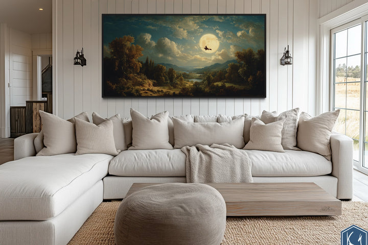 Witch Flying On Broom Halloween Wall Art – Gothic Full Moon Landscape Decor