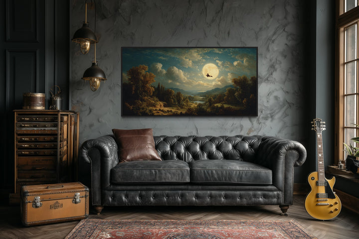 Witch Flying On Broom Halloween Wall Art – Gothic Full Moon Landscape Decor