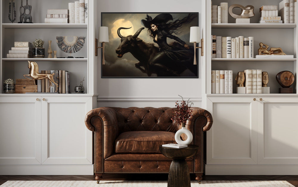 Witch Flying on A Black Goat at Full Moon Halloween Wall Art