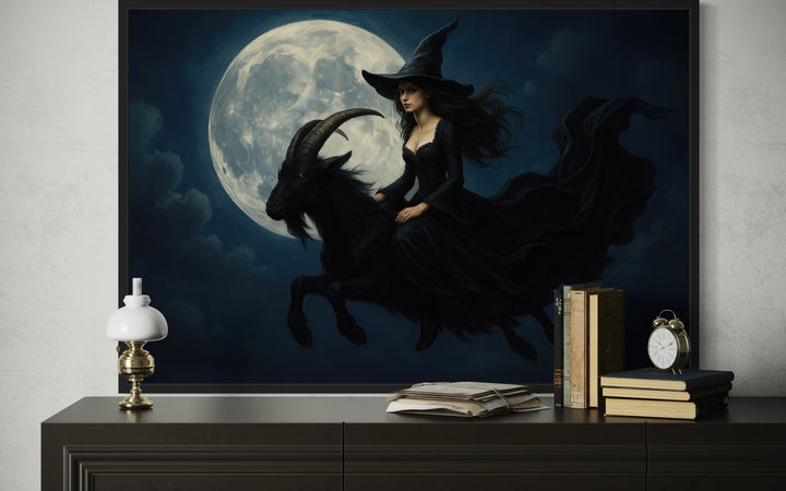 Witch Flying on A Black Goat at Full Moon Halloween Wall Art