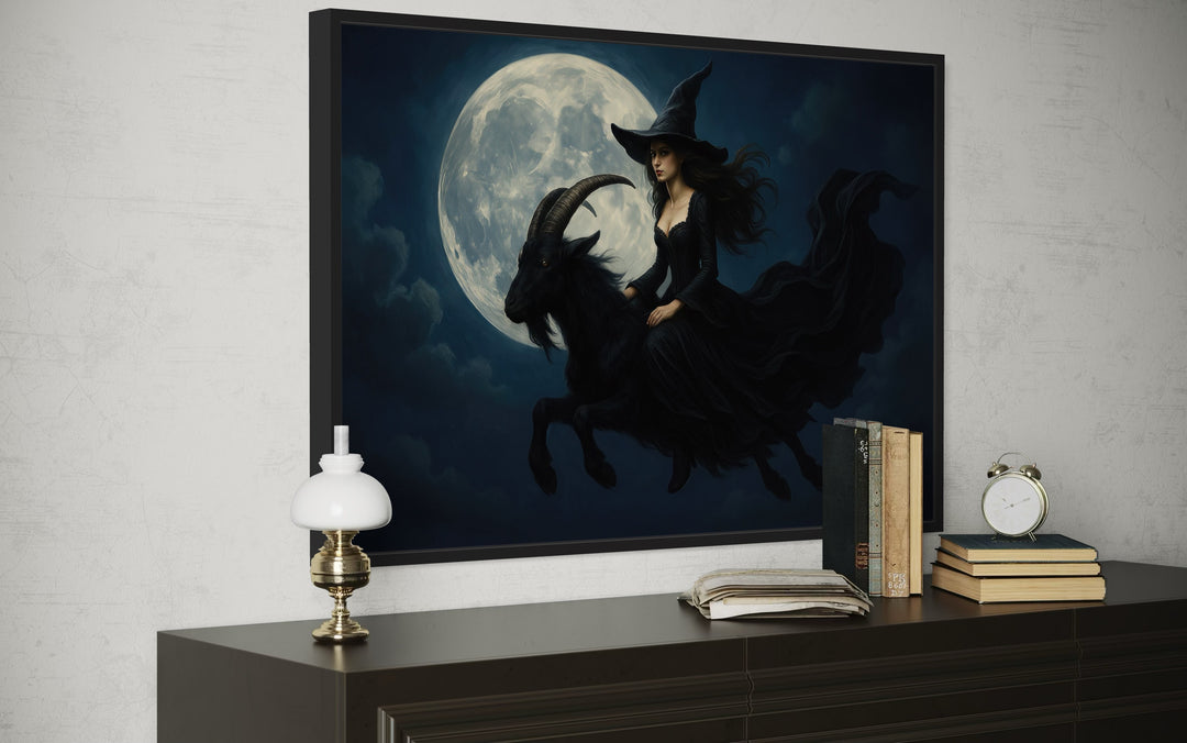 Witch Flying on A Black Goat at Full Moon Halloween Wall Art