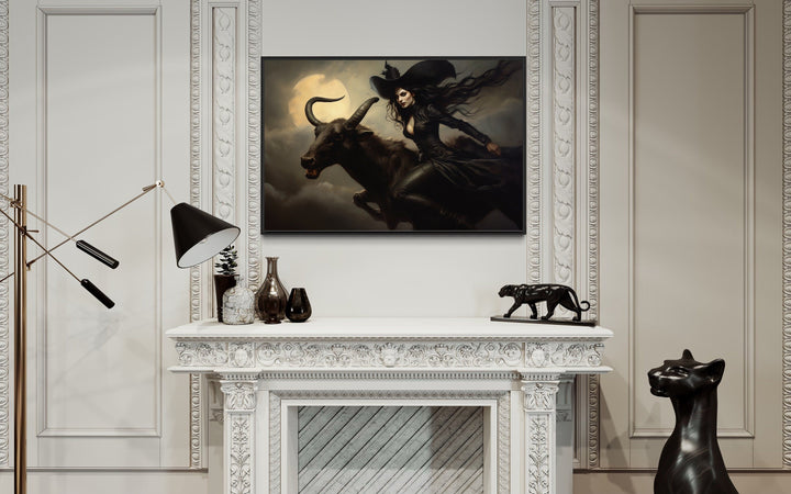 Witch Flying on A Black Goat at Full Moon Halloween Wall Art