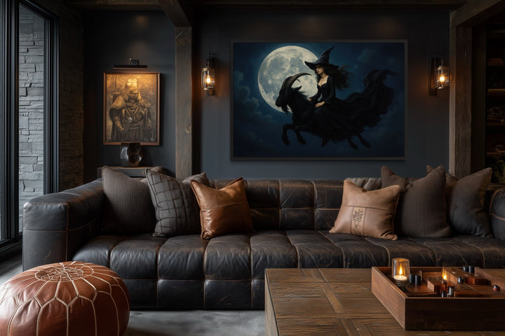 Witch Flying on A Black Goat at Full Moon Halloween Wall Art