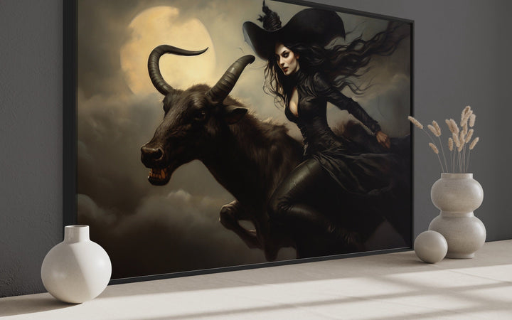 Witch Flying on A Black Goat at Full Moon Halloween Wall Art