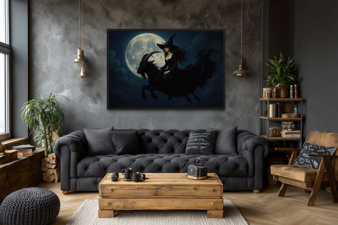 Witch Flying on A Black Goat at Full Moon Halloween Wall Art