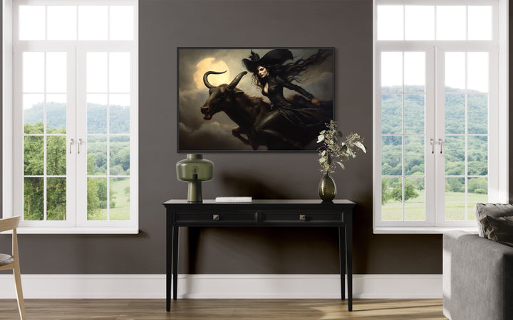 Witch Flying on A Black Goat at Full Moon Halloween Wall Art