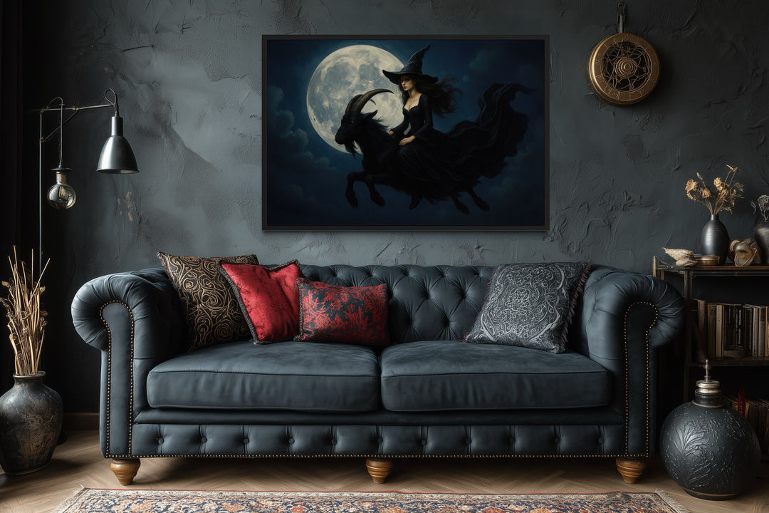 Witch Flying on A Black Goat at Full Moon Halloween Wall Art