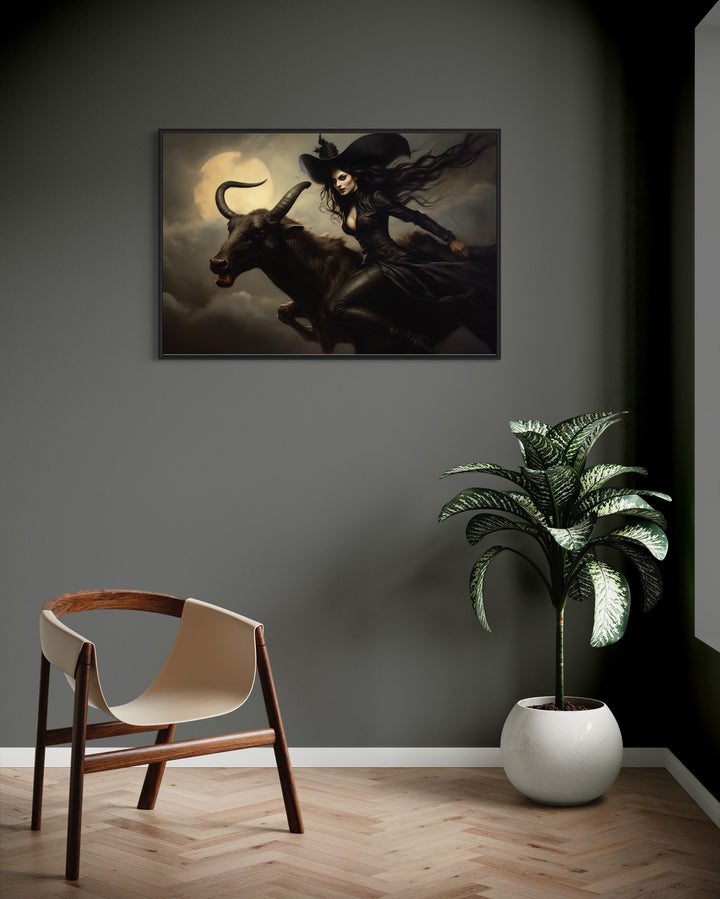 Witch Flying on A Black Goat at Full Moon Halloween Wall Art