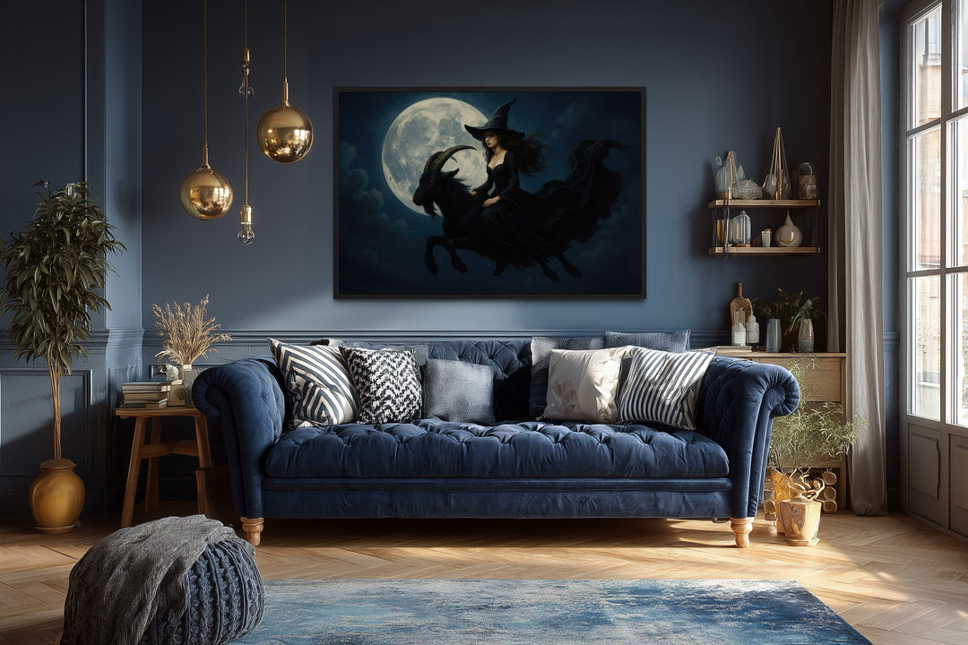 Witch Flying on A Black Goat at Full Moon Halloween Wall Art