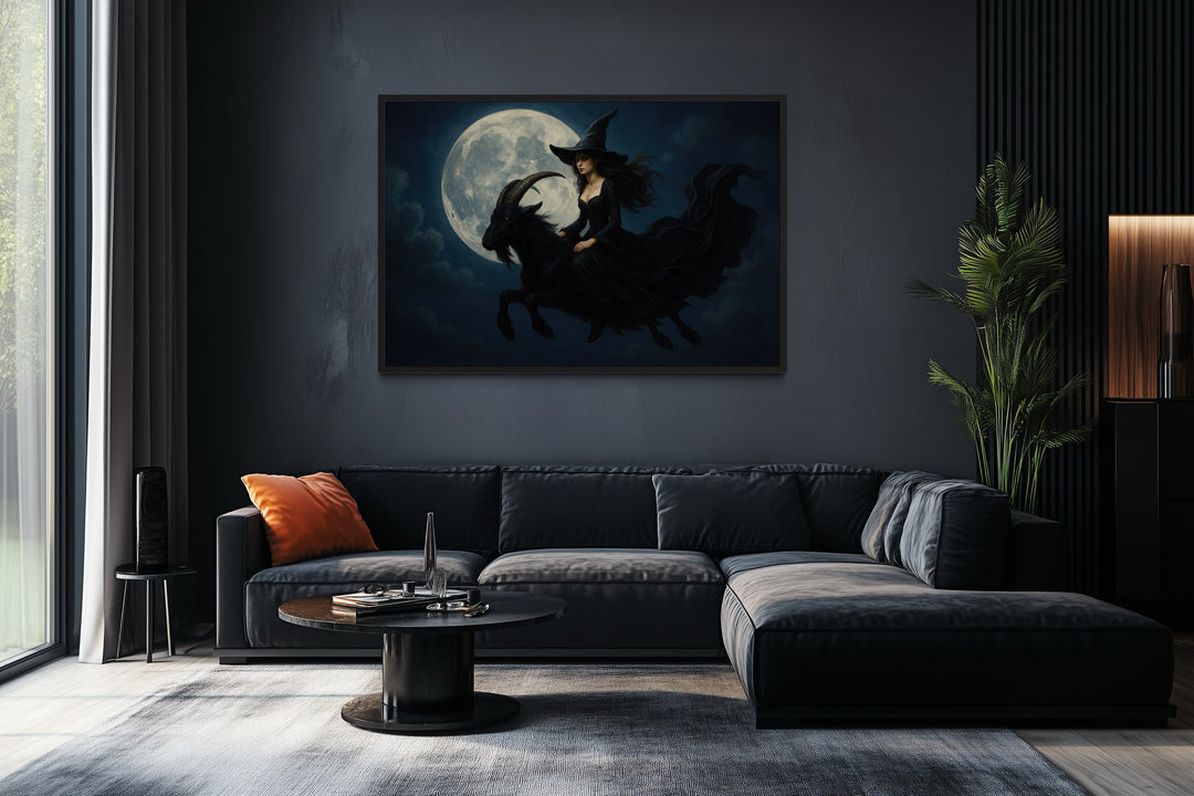 Witch Flying on A Black Goat at Full Moon Halloween Wall Art