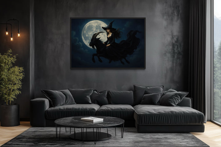 Witch Flying on A Black Goat at Full Moon Halloween Wall Art