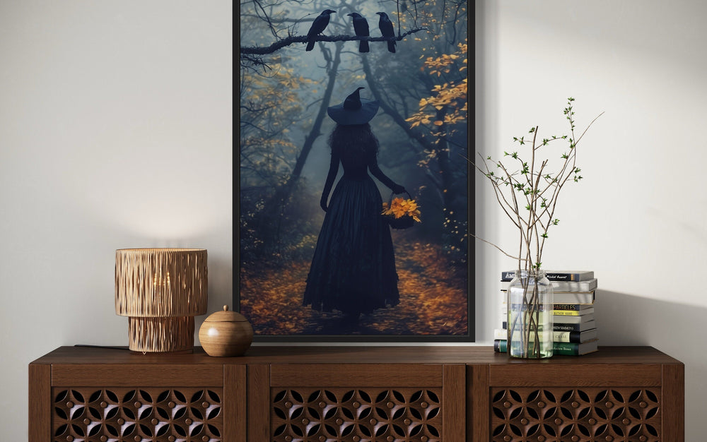 Witch In Autumn Forest With Ravens Moody Halloween Wall Art