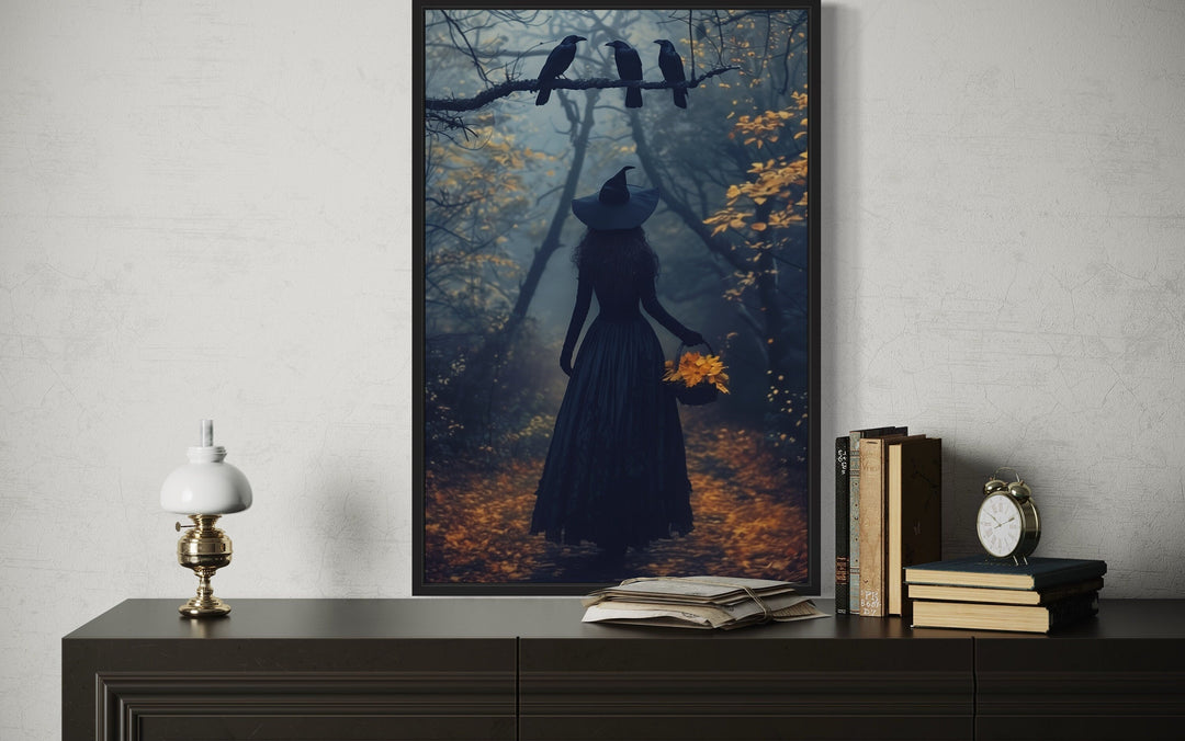 Witch In Autumn Forest With Ravens Moody Halloween Wall Art