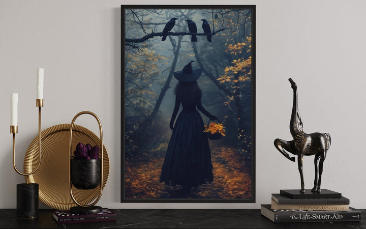 Witch In Autumn Forest With Ravens Moody Halloween Wall Art